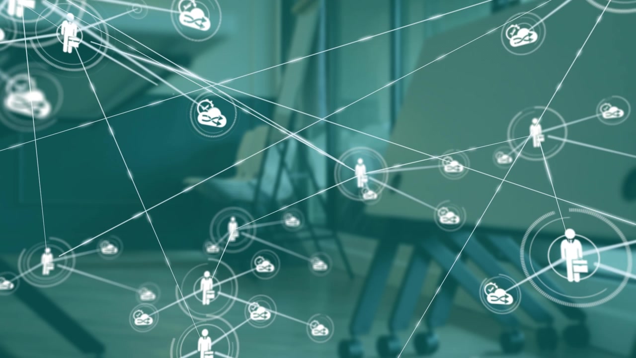 User icon appearing triggers radiating lines linking infinity symbols, expanding network
