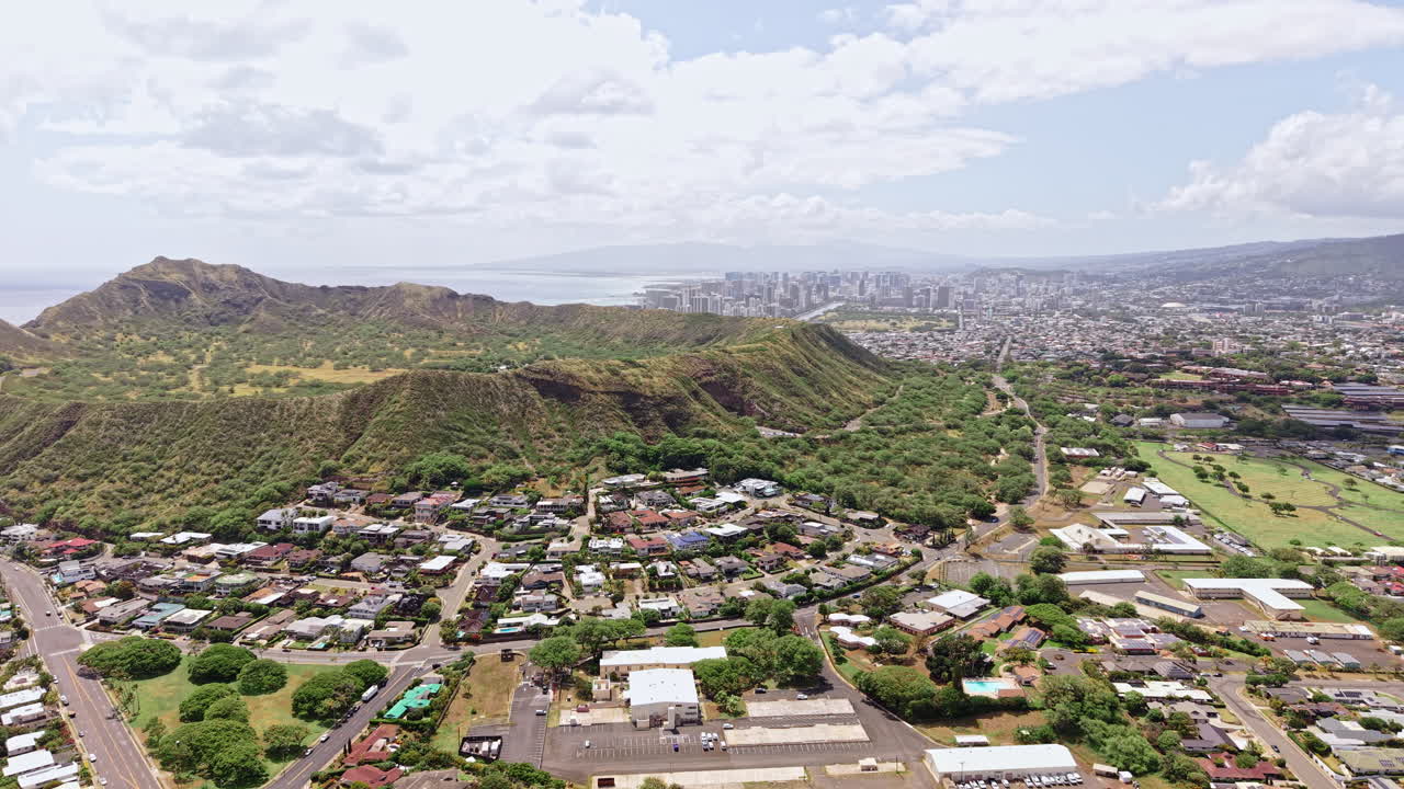 Diamond Head and Honolulu Hawaii USA, Aerial View of Volcanic Tuff Cone and Cityscape in Background