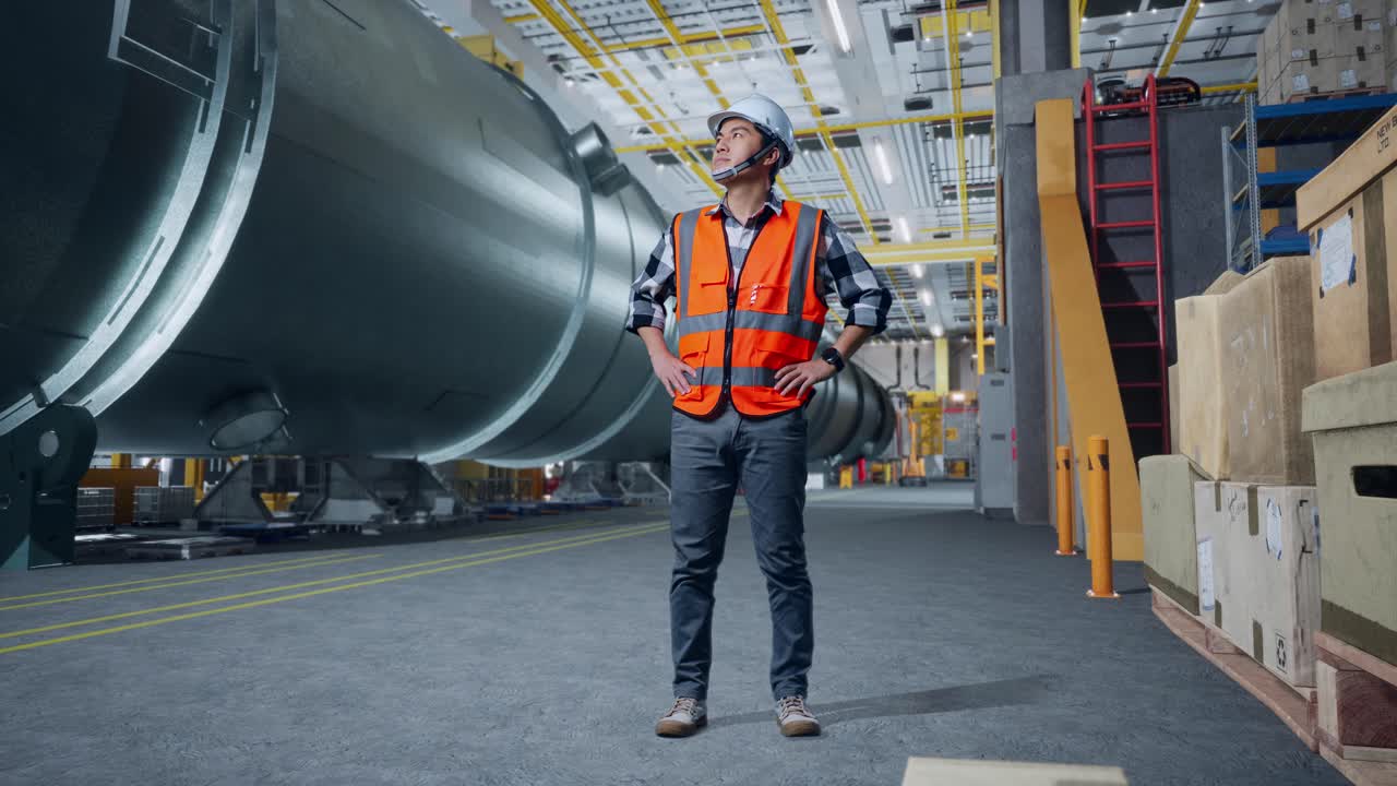 Figura intera di ingegnere asiatico con casco di sicurezza in una fabbrica di produzione di tubi. In piedi con le mani sui fianchi, si guarda intorno e controlla.