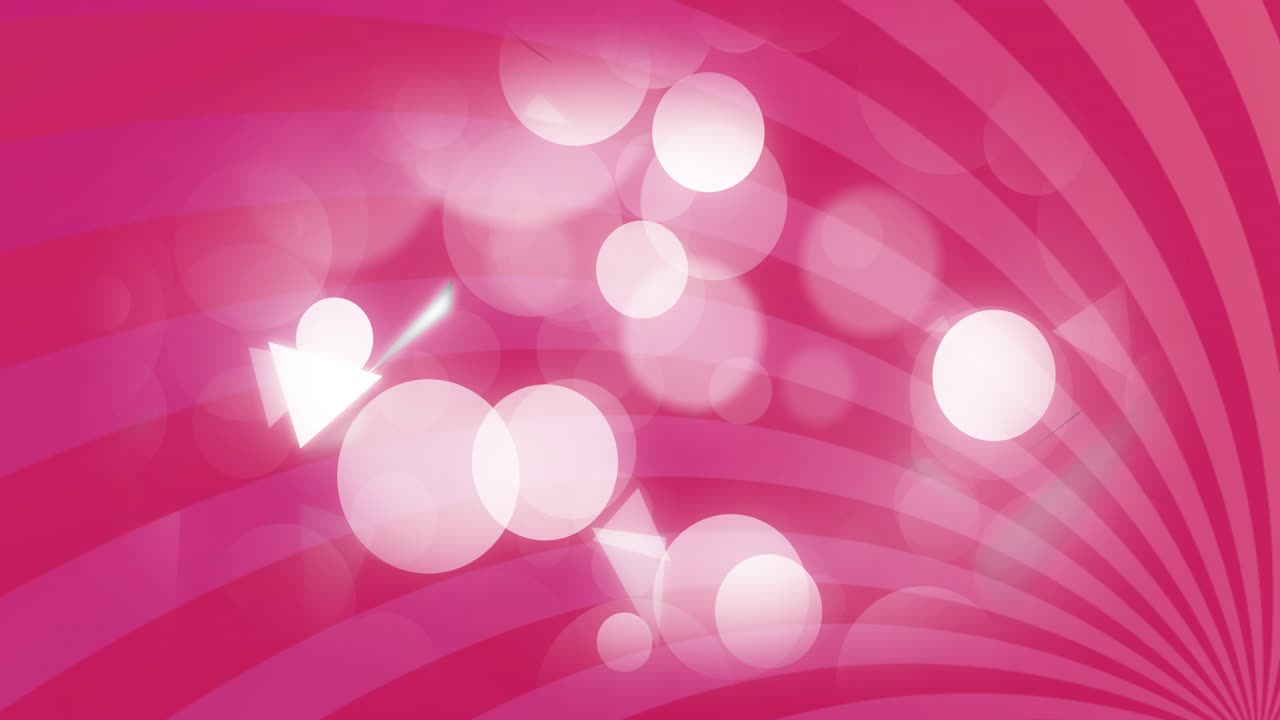 Magenta spiral revealing bokeh circles drifting, triangles rotating, clustering, showing contrast