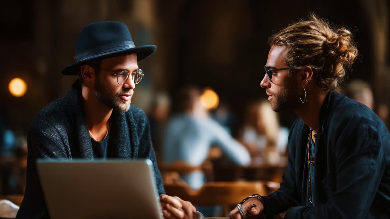 Casual Conversation: Two Stylish Men Sharing Ideas Over a Laptop in a Vibrant, Lively Café Setting, Engaging in Thoughtful Discussion with Warm Smiles and Intense Focus