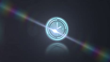 Animation-of-clock-ticking-over-glowing-light-on-black-background