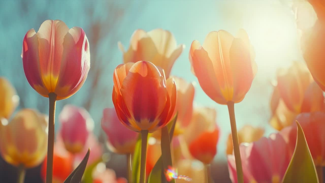 Low-angle video captures vibrant tulips bathed in warm sunlight, creating a dreamy, serene