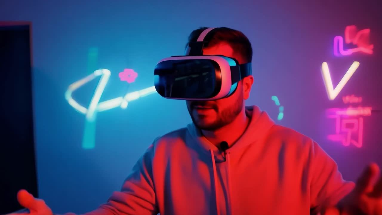 Man wearing VR headset with neon lights in the background