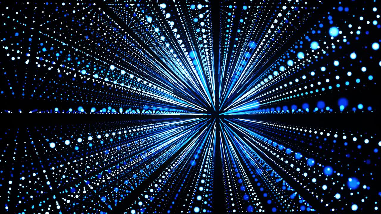 abstract 3d loop background with glowing particles lined up in rows in 3d space. Festive vj loop with blue particles and smooth animated camera. Motion design background