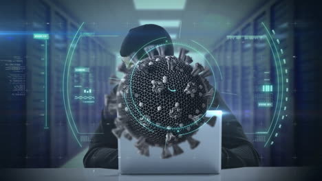 animación de la célula macro covid19 sobre un hombre que lleva una balaclava, usando una computadora portátil