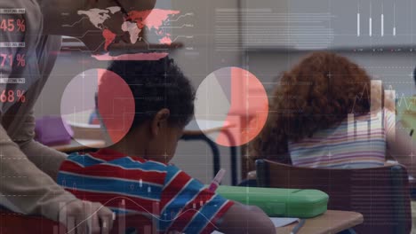 animation of statistical data processing over caucasian female teacher and schoolchildren