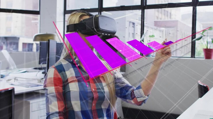 VR-bruger aktiverer headset og fremmaner magenta søjlediagram, sporer søjler for at analysere forretningsdata