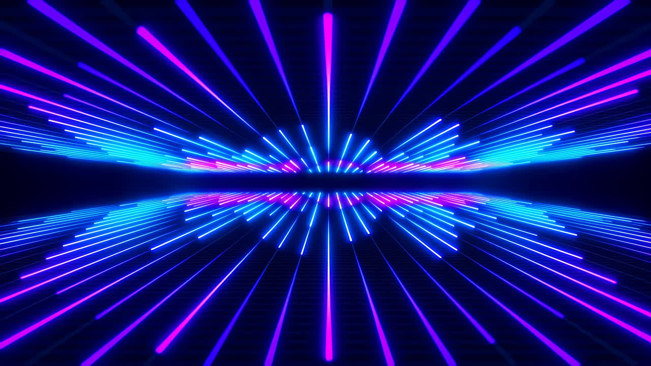 Strisce vibranti viola e blu esplodono verso l'esterno su una griglia riflettente, con linee di movimento ad alta energia in stile Synthwave.