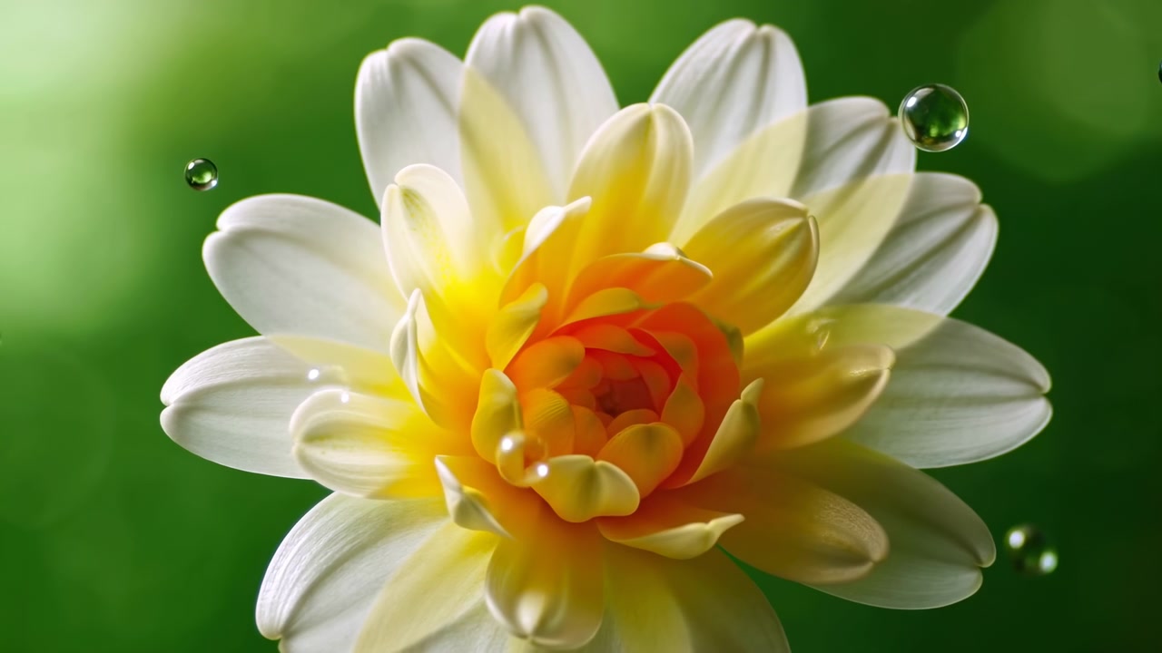 Fiore bianco delicato con centro arancione caldo e goccioline d'acqua limpide su uno sfondo verde liscio, catturato in una vista macro intima con luce soffusa, profondità di campo ridotta, texture delicata e un aspetto fresco.