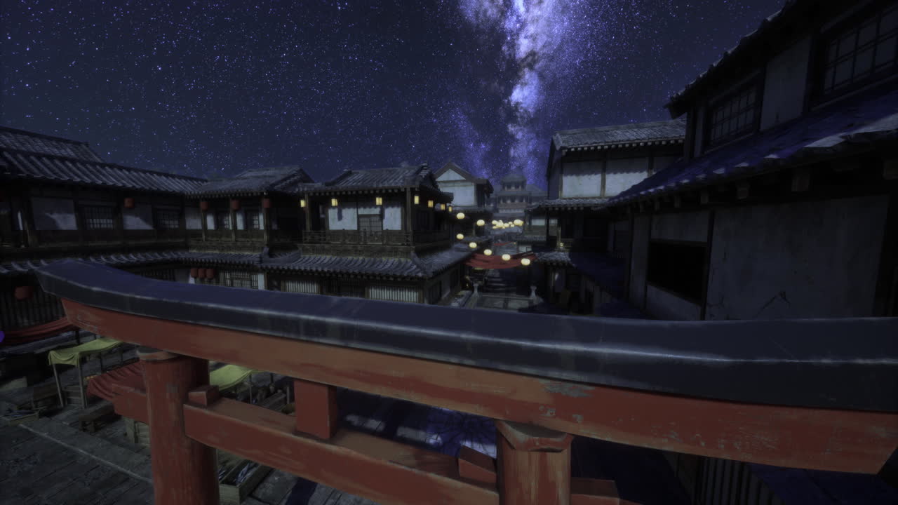 Nighttime city view with stars and traditional architecture in background