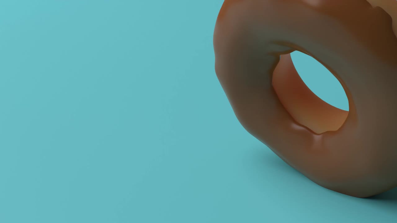 animación gráfica de un toro de donut de chocolate simple que se cierra rodando girando rápido frente a un fondo azul verde azulado