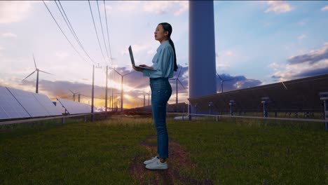 full body side view of asian female with solar panel and wind turbines, observes by looking up before she come to concentrating on the laptop and keep on typing
