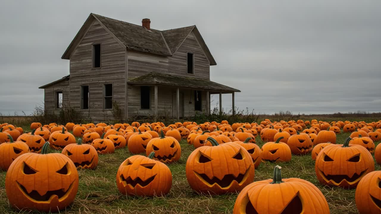 A Spooky Harvest Scene Featuring a Field Bursting with Jack-o'-Lanterns Surrounding an Old Weathered House on a Gloomy Autumn Day