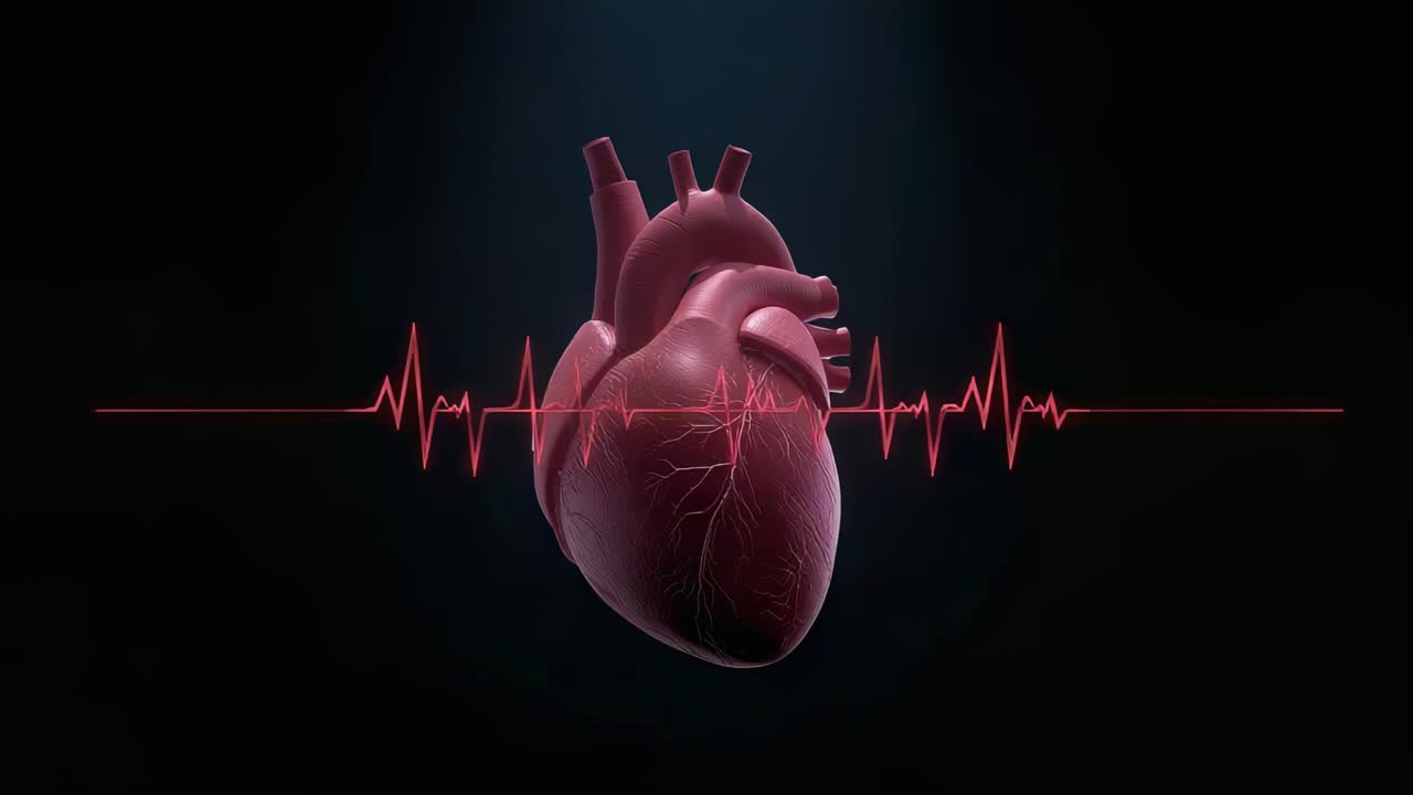 Pulsing 3D heart model responding to left-to-right red ECG spikes under spotlight in dark studio
