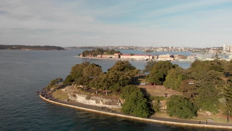 Vista-Aérea-Sobre-El-Jardín-Botánico-Real-Y-El-Punto-Potts-En-El-Puerto-De-Sydney,-Australia