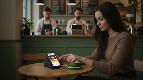 a woman engaging in mobile payment with a coffee in a modern café setting, highlighting the use of technology for cryptocurrency transactions