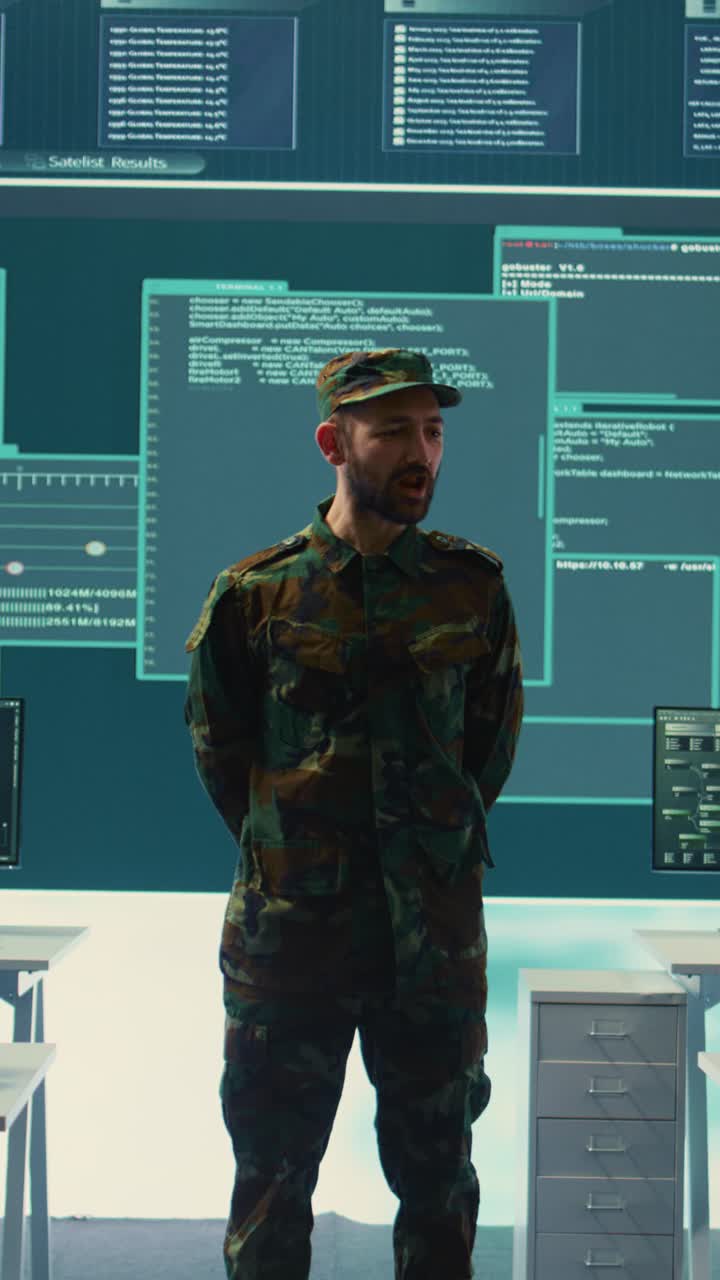 Soldier in Camouflage Uniform Standing in High-Tech Control Room