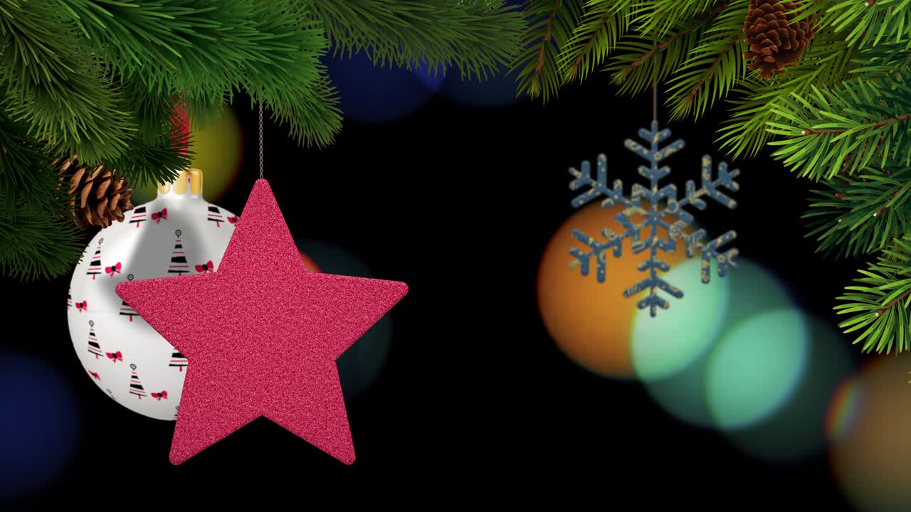 los adornos de navidad y los pinos se balancean en un fondo bokeh en bucle