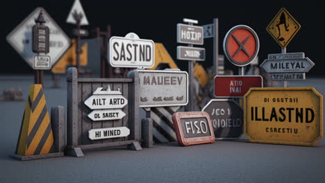 Road-Symbol-Signs-and-Panels,-Traffic-Symbols-For-Roadway-Use,-Miniature-Toys-Studio-Shot