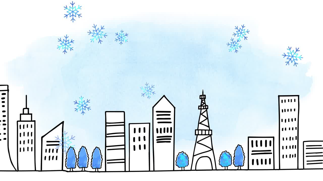 겨울 도시 풍경 손으로 그린 라인 아트 애니메이션