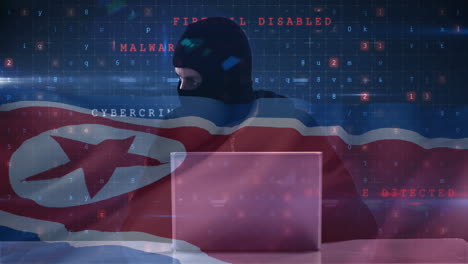 Animation of data processing and cyber warning text with hacker over flag of north korea