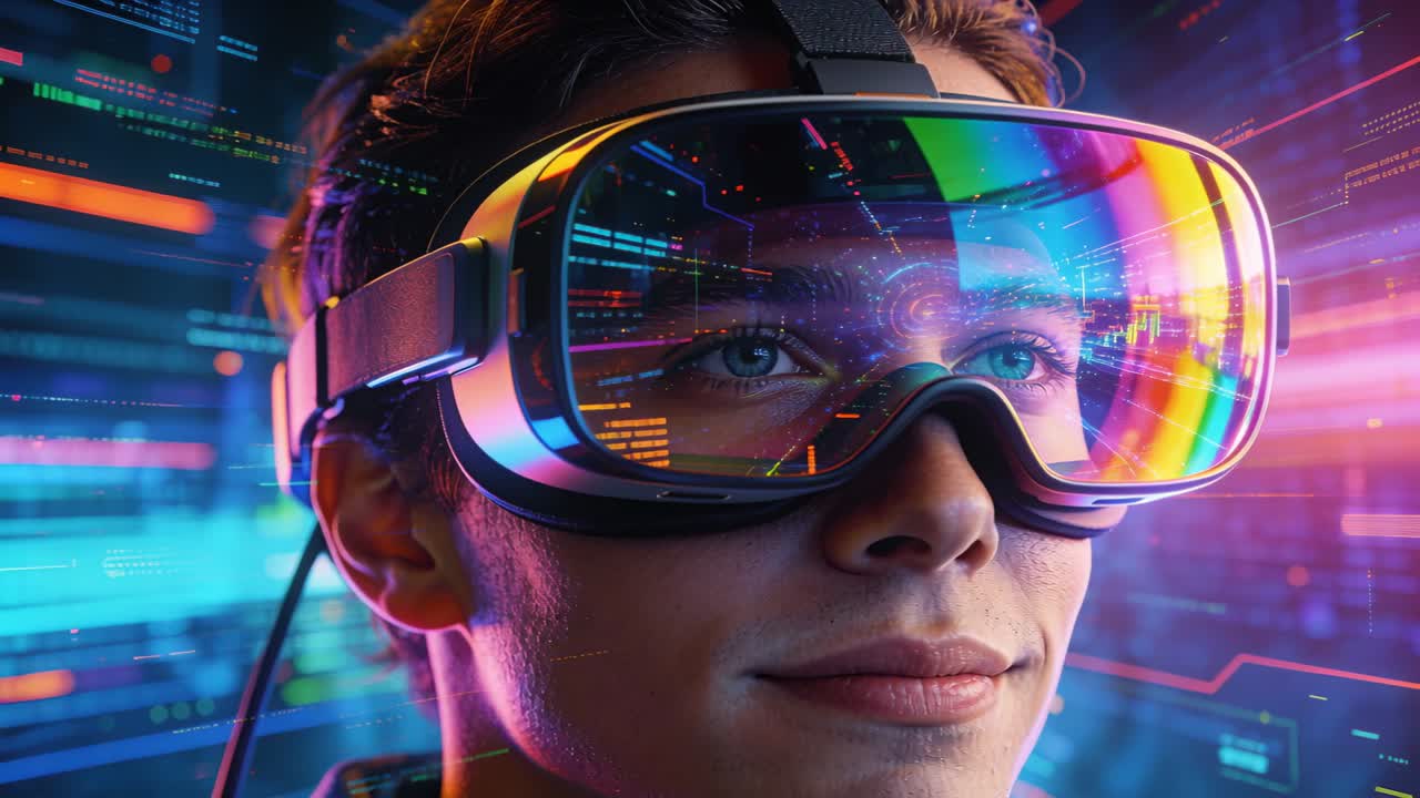 Reacting to system boot, male teen wearing dark jacket testing VR headset in studio, exploring HUD
