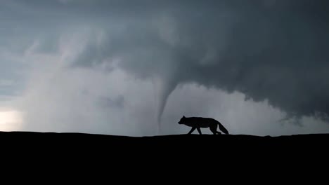 Wolf-shadow-lurking,-moving-to-hunt,-tornado-in-the-background