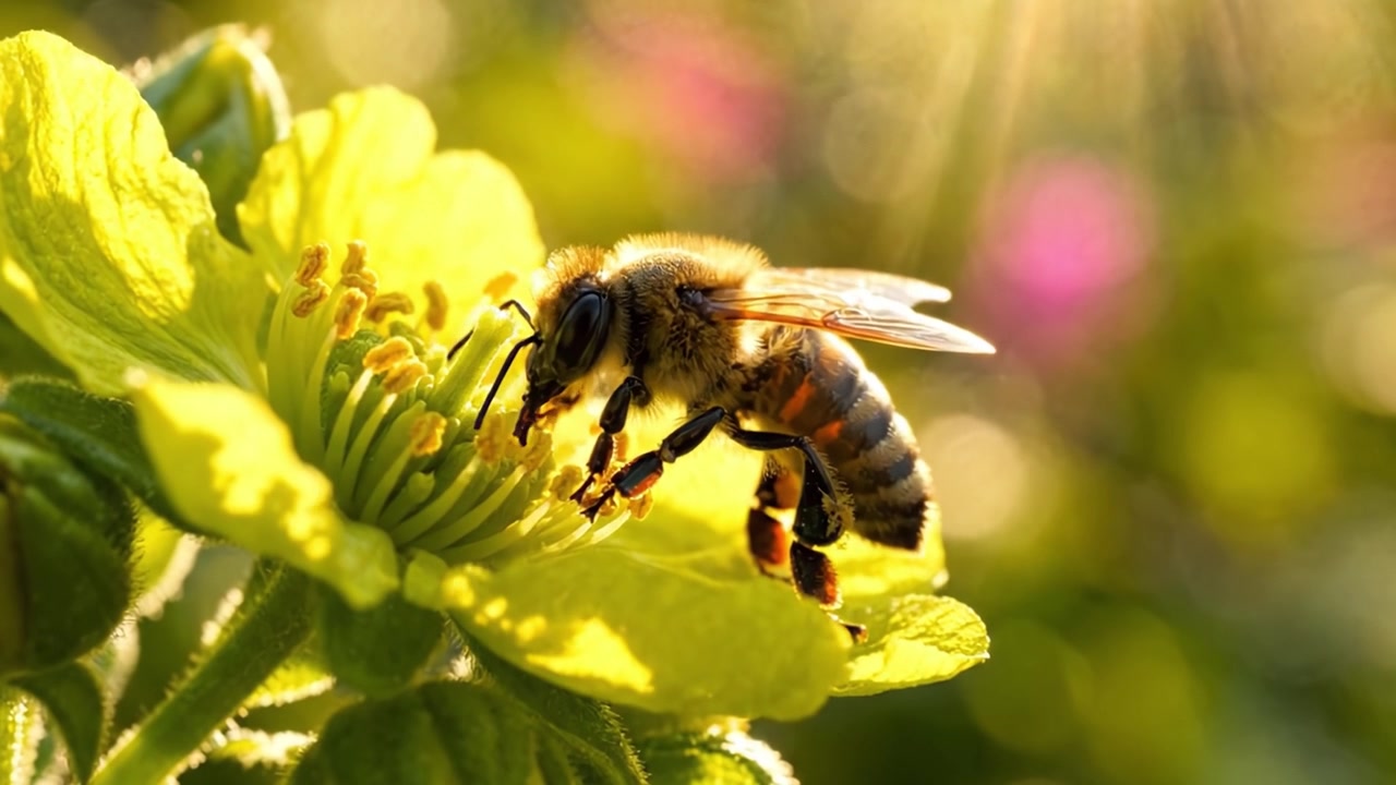 A Bumblebee Pollinating a Vibrant Yellow Flower with Soft Sunlight Reflections, Showcasing Nature’s Marvel and the Essential Role of Pollinators in Ecosystems