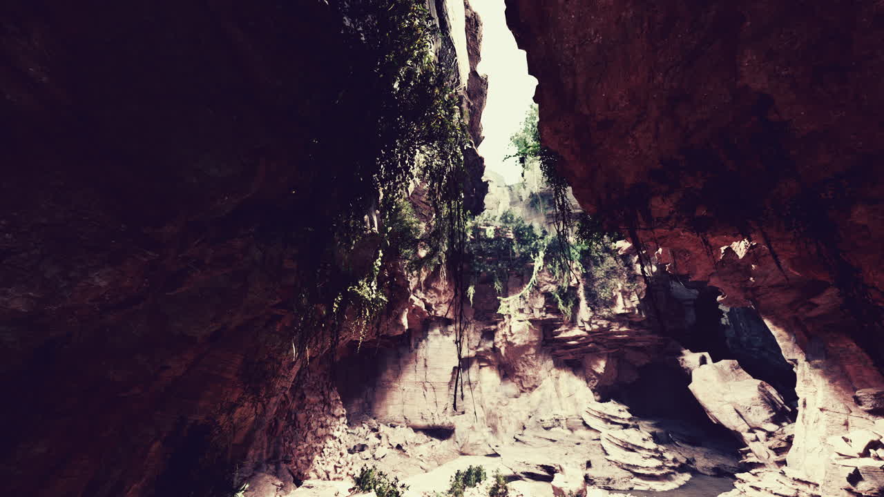 large fairy rocky cave with green plants