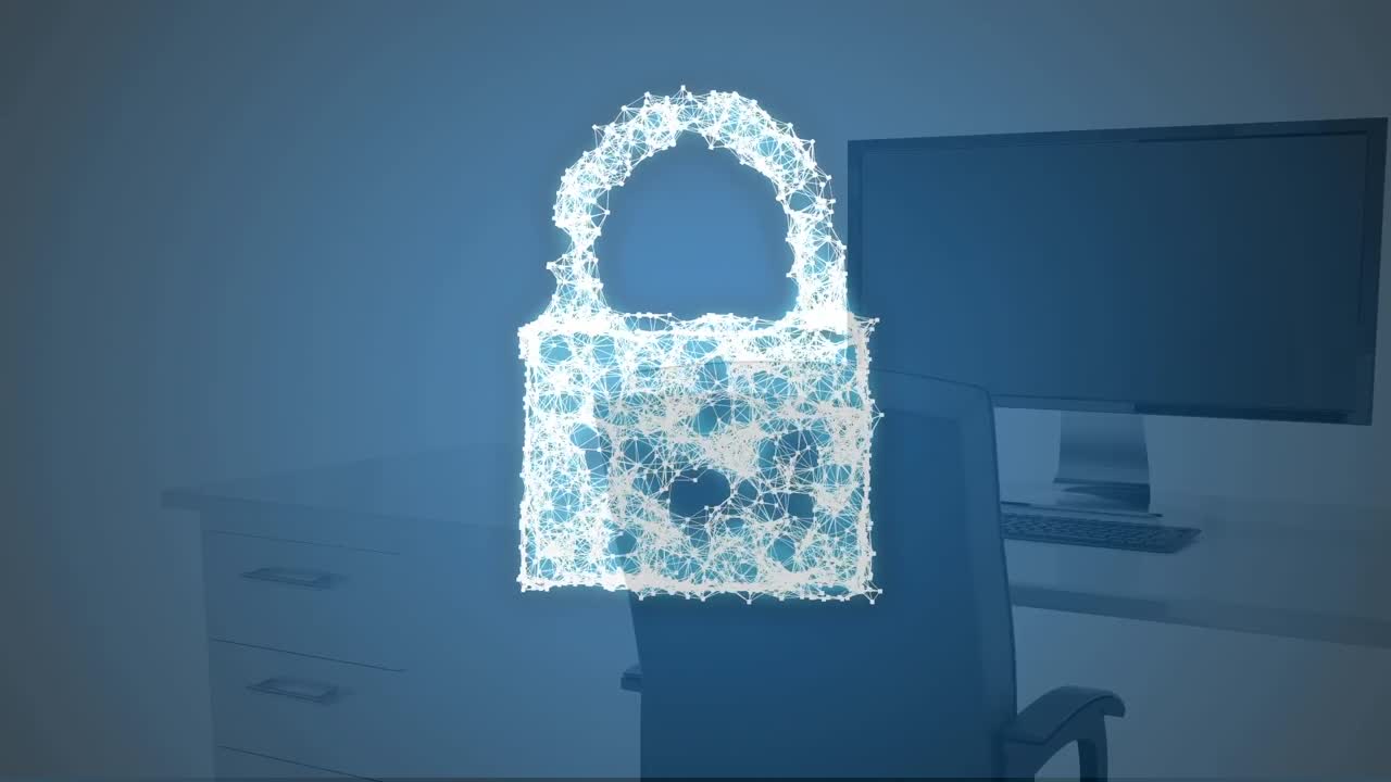 animación de un candado digital sobre las computadoras en la oficina