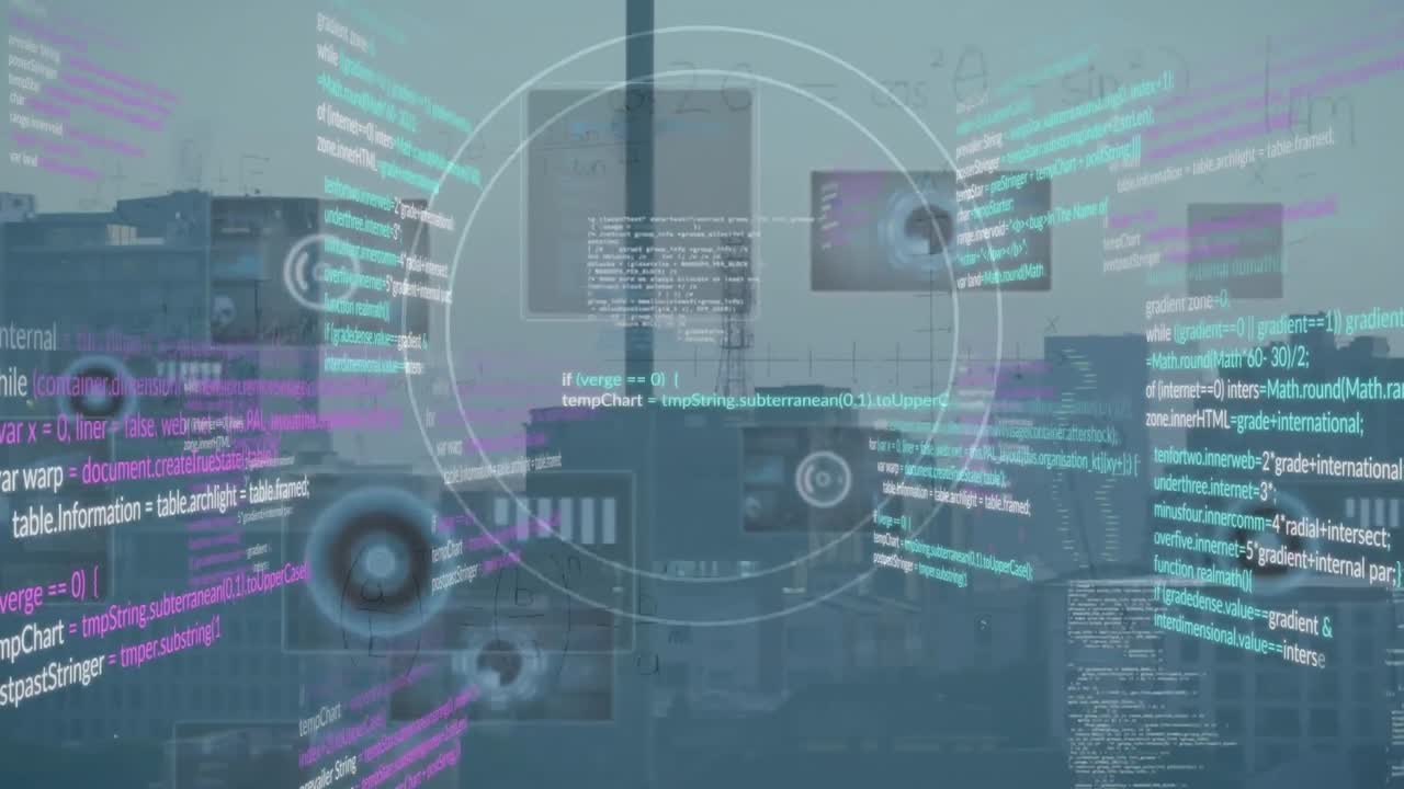 높은 건물에 대한 데이터 처리 및 수학적 방정식에 대한 둥근 스캐너의 애니메이션