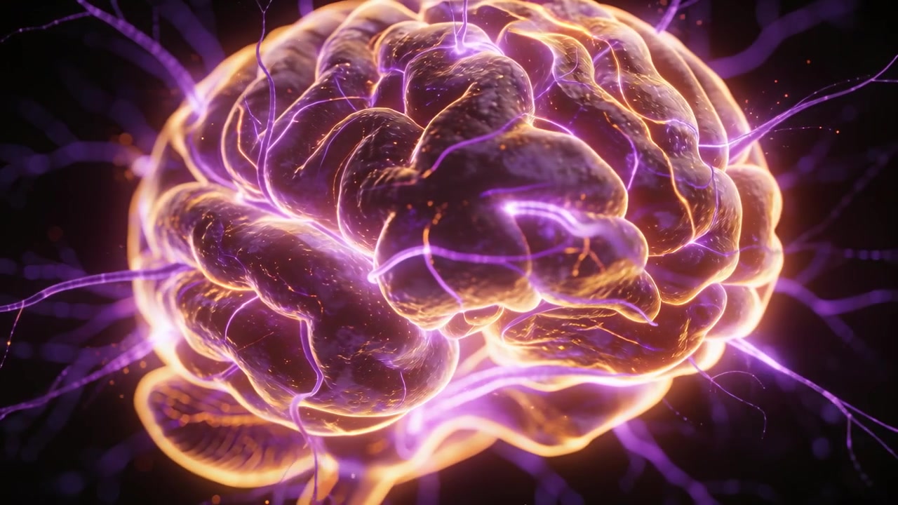 Rotating stylized brain showing folds at void, orange rim glowing, on first pulse strands lighting