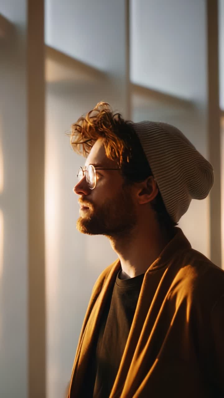 A young man in a cozy outfit stands in a sunlit room, capturing a moment of reflection with a thoughtful expression, enhanced by natural lighting and a peaceful atmosphere