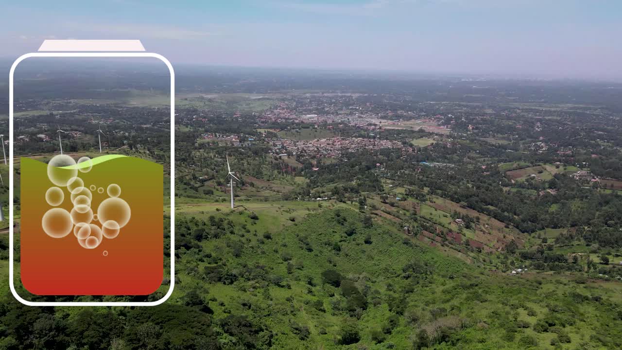 vista aérea de un potente parque de turbinas eólicas para la producción de energía