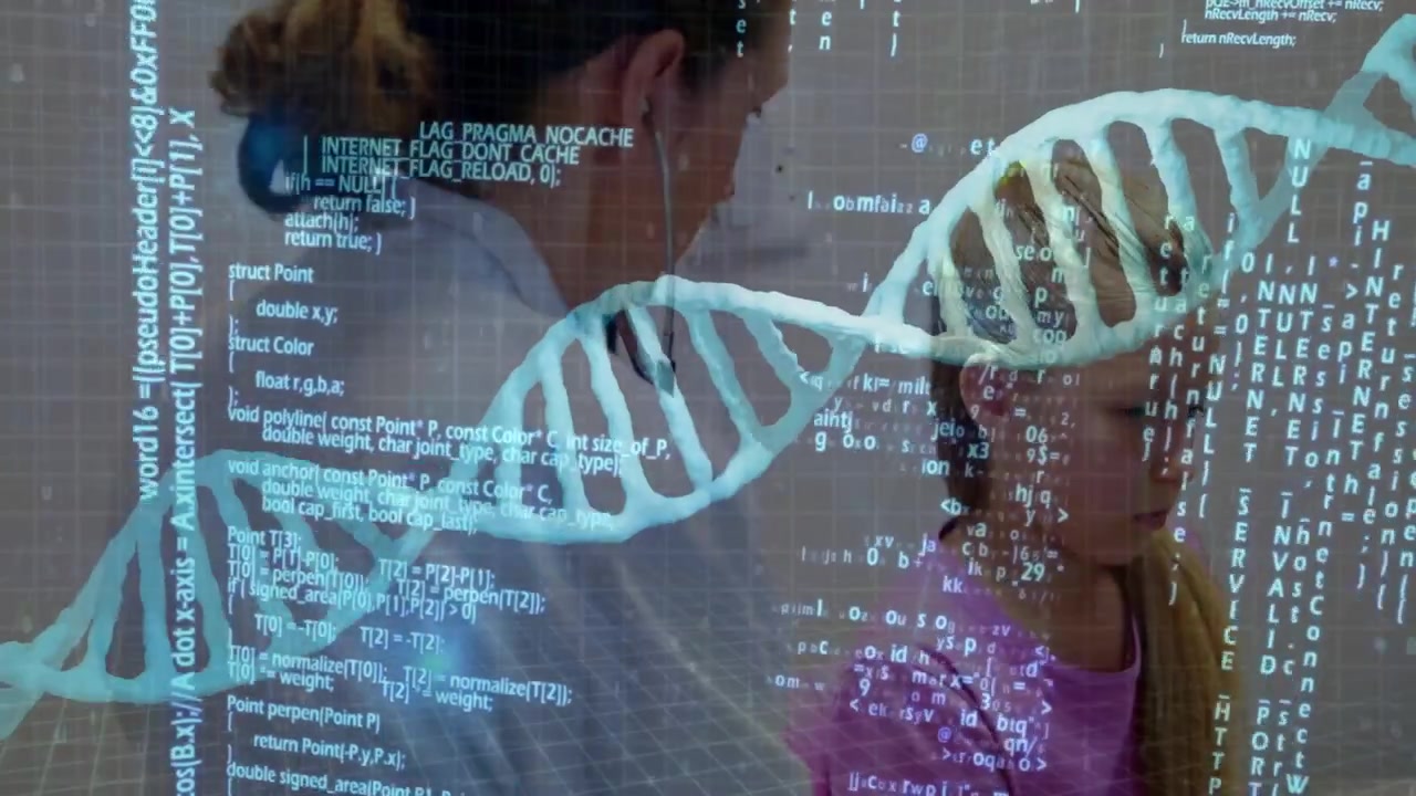Girl looking, woman placing hand on arm on couch comforting while DNA helix overlaying for health