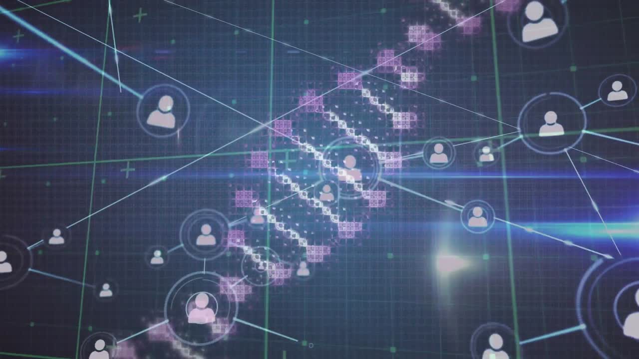 animación de la cadena de adn, red de conexiones con iconos