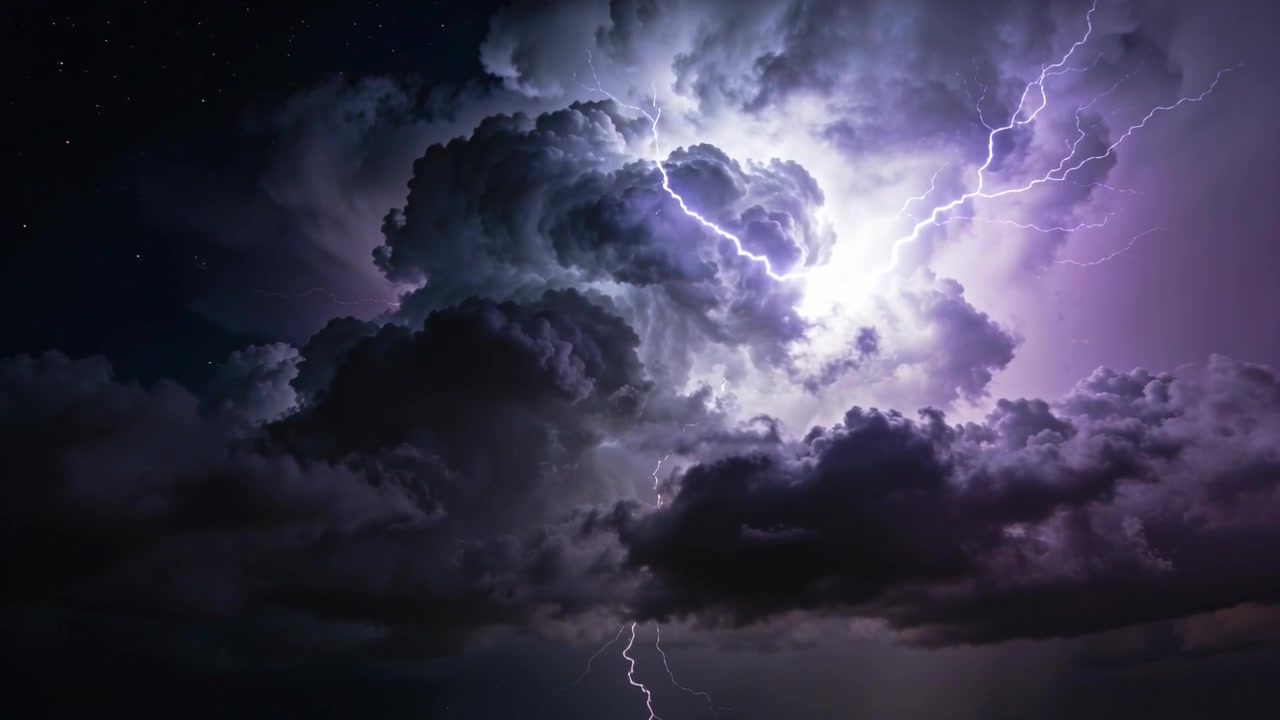 Fulmini che lampeggiano illuminano una nuvola temporalesca, rivelando l'interno stratificato di notte con saette visibili.