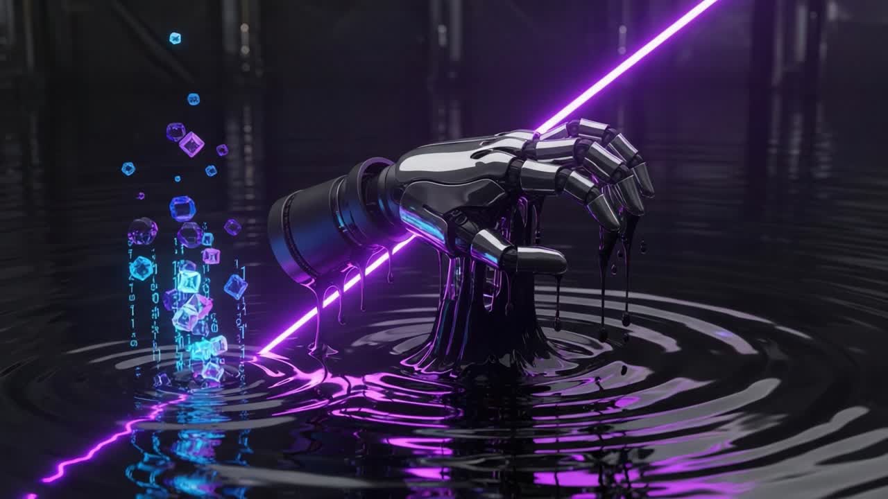A Futuristic Robotic Hand Emerges from Water, Enhanced with Neon Light and Data Elements, Symbolizing the Intersection of Technology and Nature in an Impressive Digital Landscape