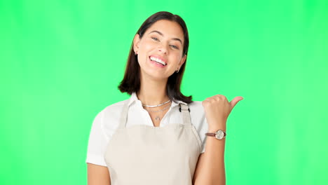 mujer, feliz y retrato en la pantalla verde apuntando
