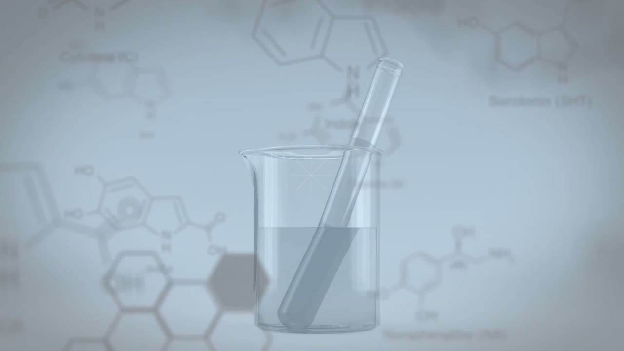 animación de formas blancas sobre vaso y fórmula química