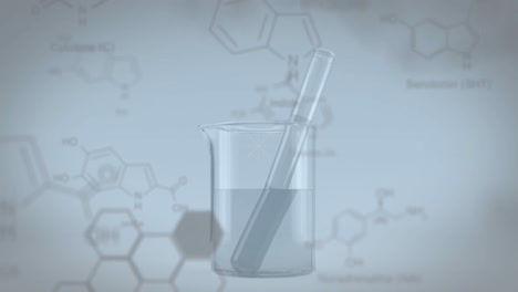 Animación-De-Formas-Blancas-Sobre-Un-Vaso-De-Precipitados-Y-Una-Fórmula-Química