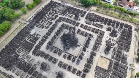 aerial of sewu hindu unesco site in indonesia. ruins after earthquake and mandala patterns.