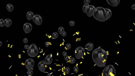 Animation-of-black-balloons-floating-and-gold-confetti-falling-on-black-background