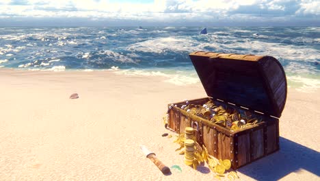 an open wooden pirate chest filled with gold coins and diamonds lies on the shore of a lost tropical island. beautiful loop background.