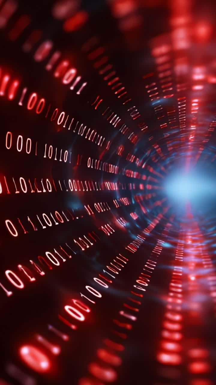 Dynamic Visual of Binary Code Flowing Through a Futuristic Red-Tinted Tube, Representing Data Transmission and Digital Communication in a Technological Context