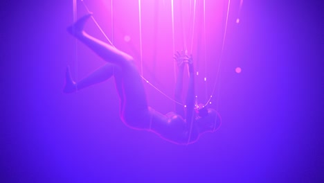 여성 vr 안경은 네온 공간에서 케이블에 매달려 있습니다. 메타버스 아바타 개념. 자외선 사이버 크 일러스트레이션. 루프 가능한 3d 렌더링.
