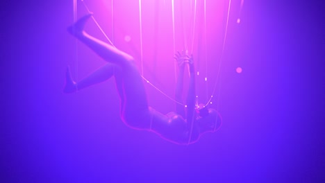 woman in vr glasses hang on cables in neon space data flow into her. metaverse avatar concept. ultraviolet cyberpunk illustration. loopable 3d render