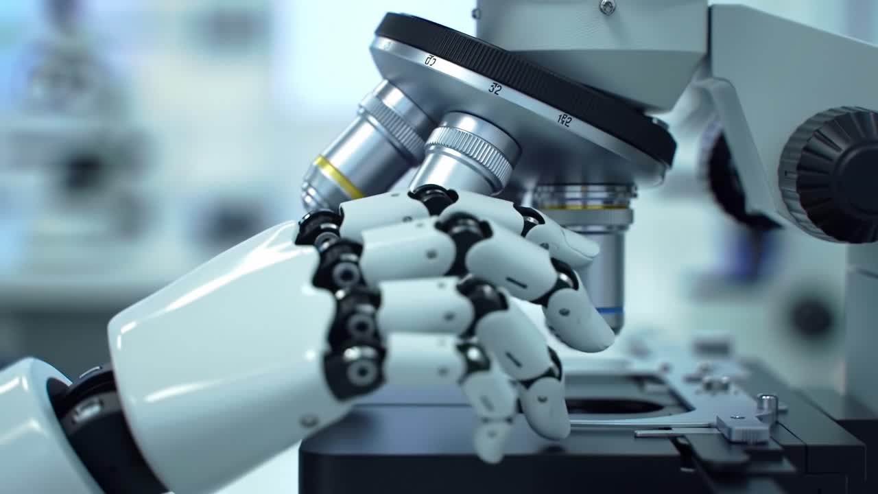 A robotic hand carefully adjusts the lens of a laboratory microscope, showcasing the intersection of technology and scientific research in a modern lab environment.
