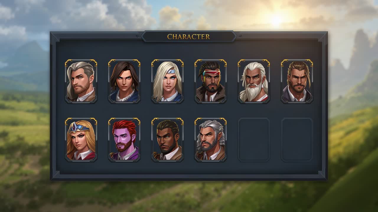 Unlocking populating centered CHARACTER UI filling bottom slots over valley sunset finishing roster